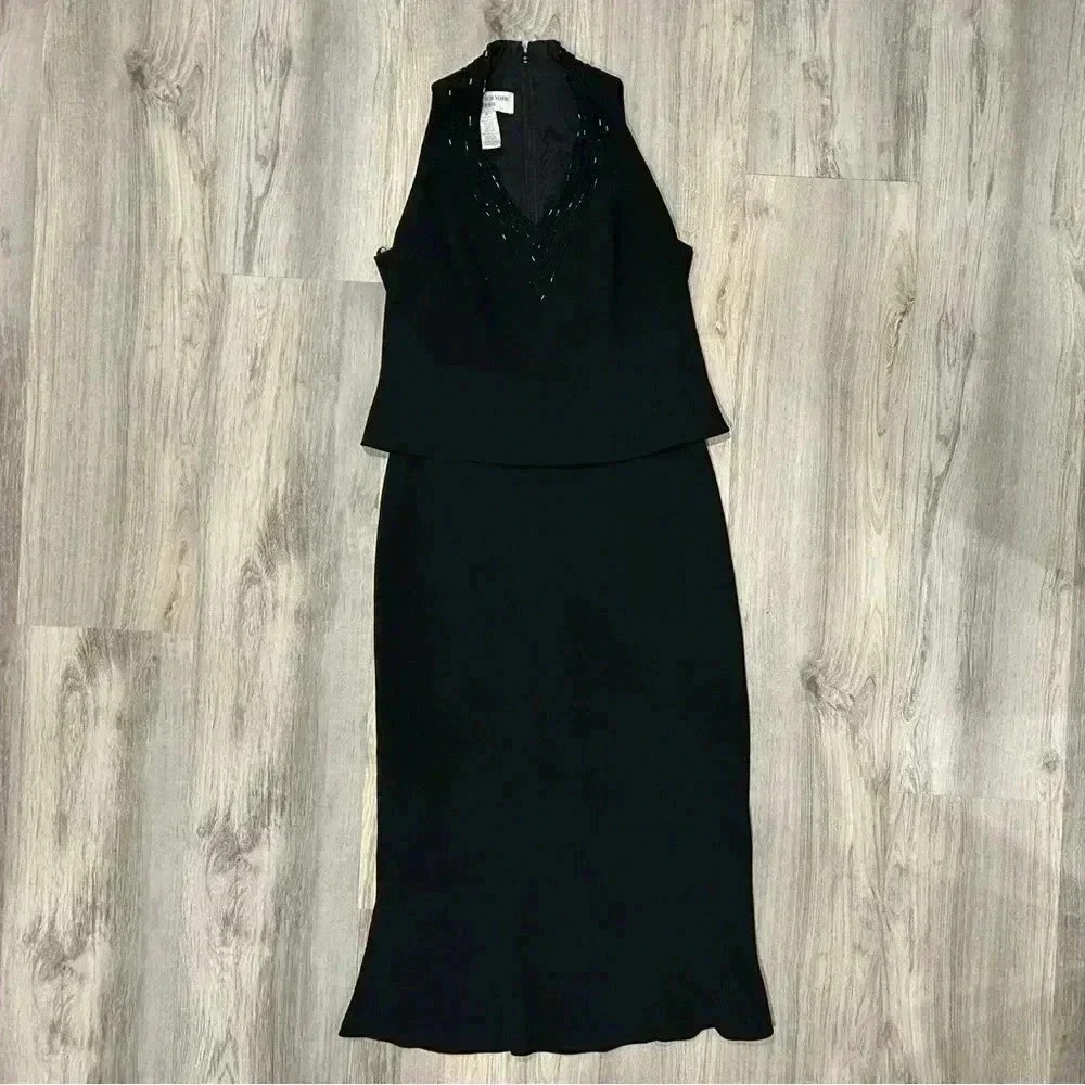 Vintage Jones New York Layered Formal Dress Sleeveless Beaded Maxi Black Size 10